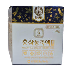 Gangwoninsam Korean Red Ginseng Extract Gold bottle label front showcasing 6-year root concentrate for daily wellness.