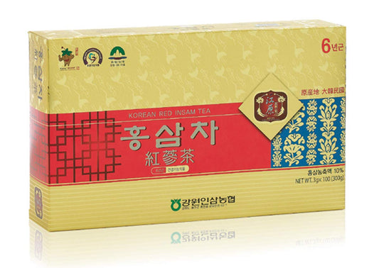 Gangwoninsam Korean Red Ginseng TeaPackaging on kitchen counter showing daily energy potential.