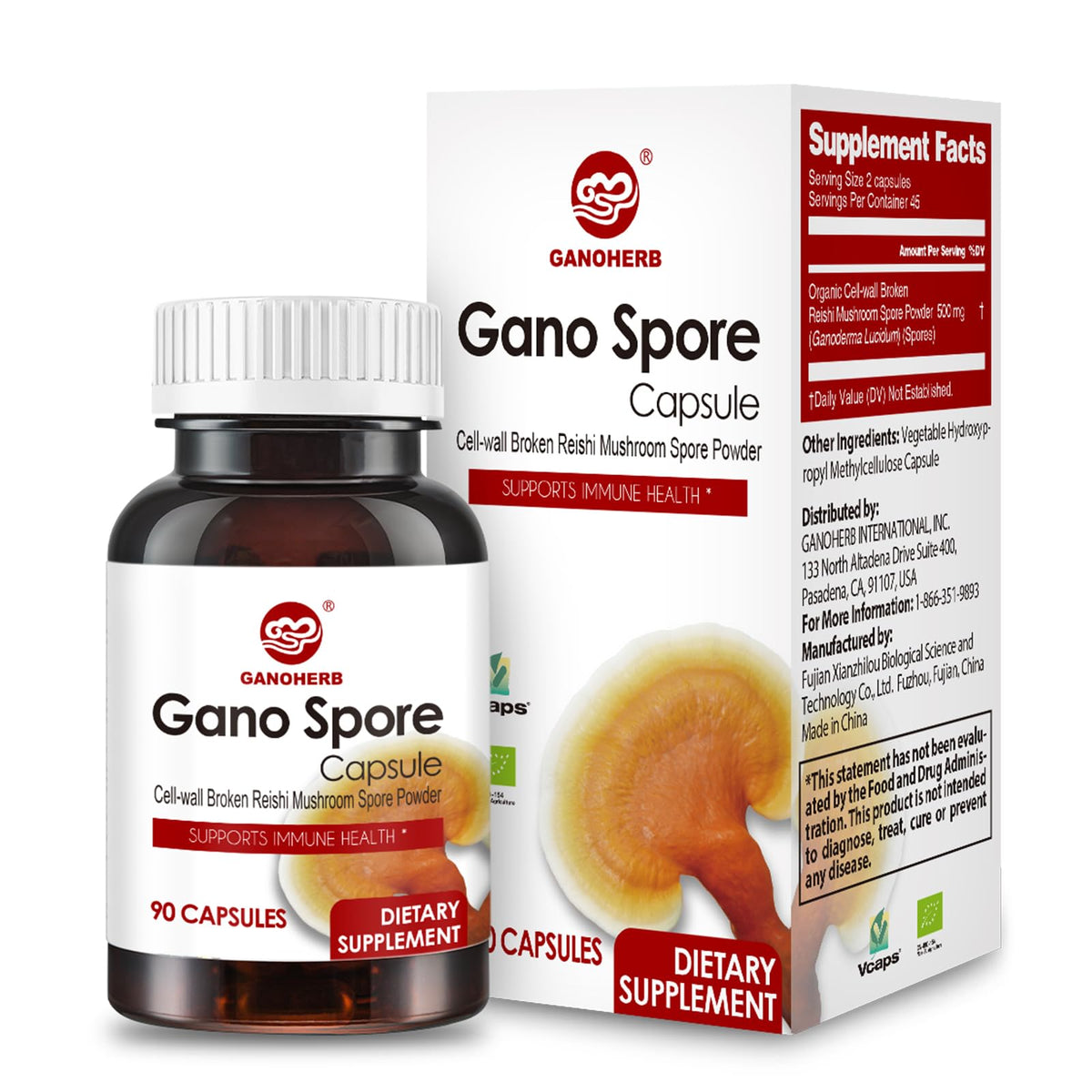 GANOHERB Reishi capsules bottle – vegan, gluten-free immune wellness support.