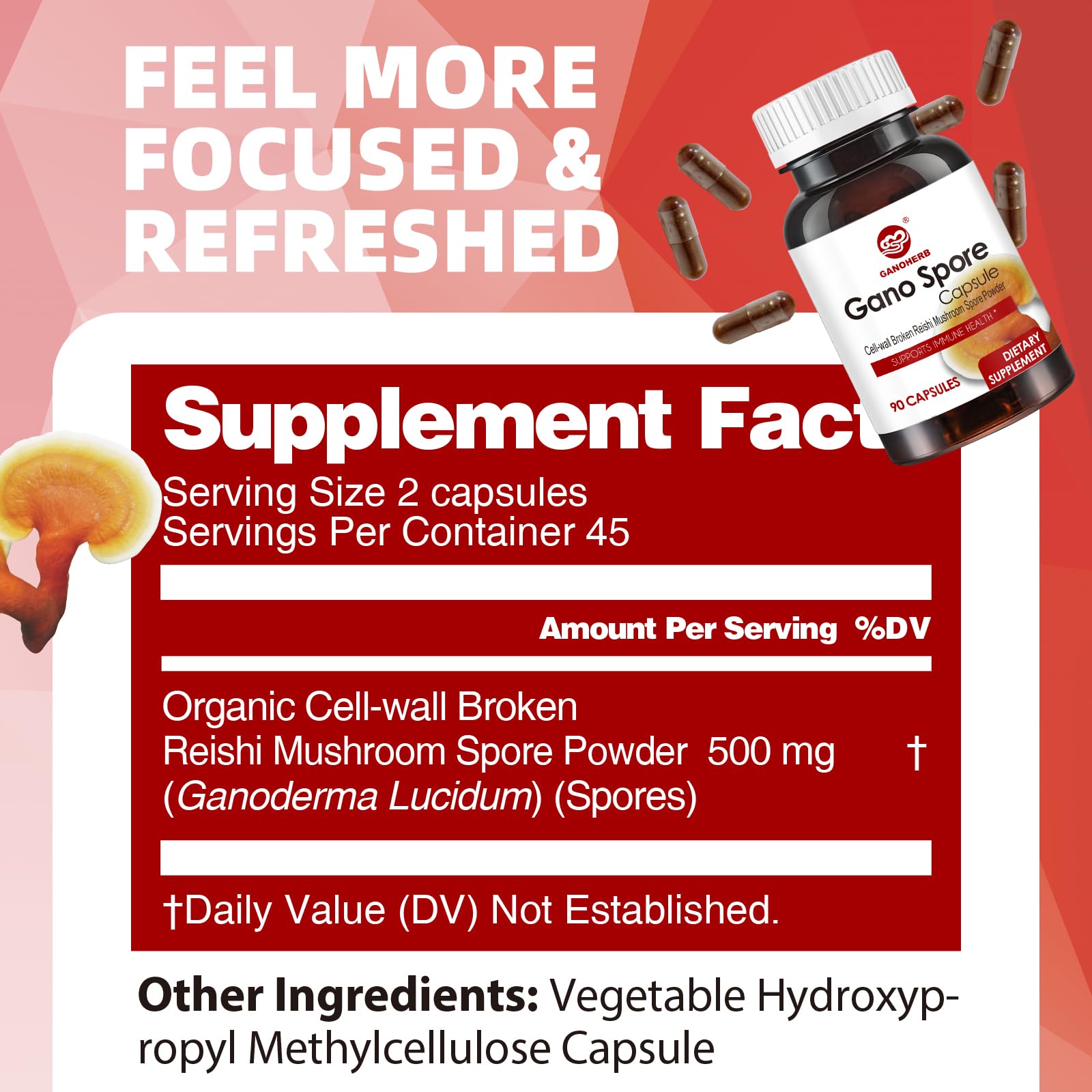 GANOHERB Reishi capsules packaging shows organic certification and clean-label wellness.