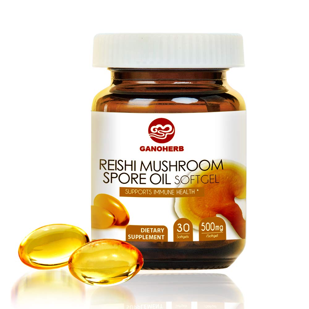GANOHERB Reishi Spore Oil softgel bottle for daily immune wellness.