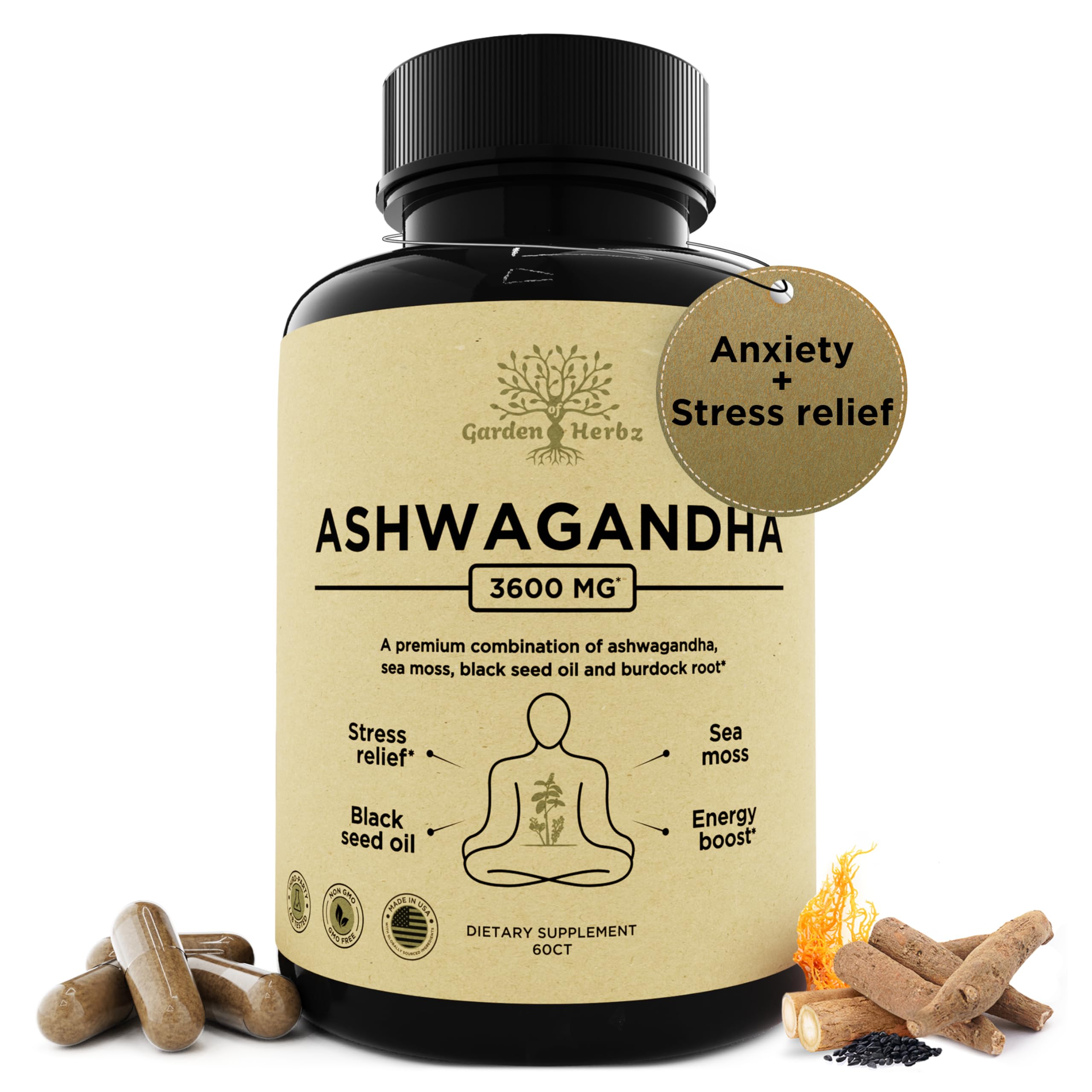 Garden of Herbz ashwagandha 3600mg bottle front for daily vitality