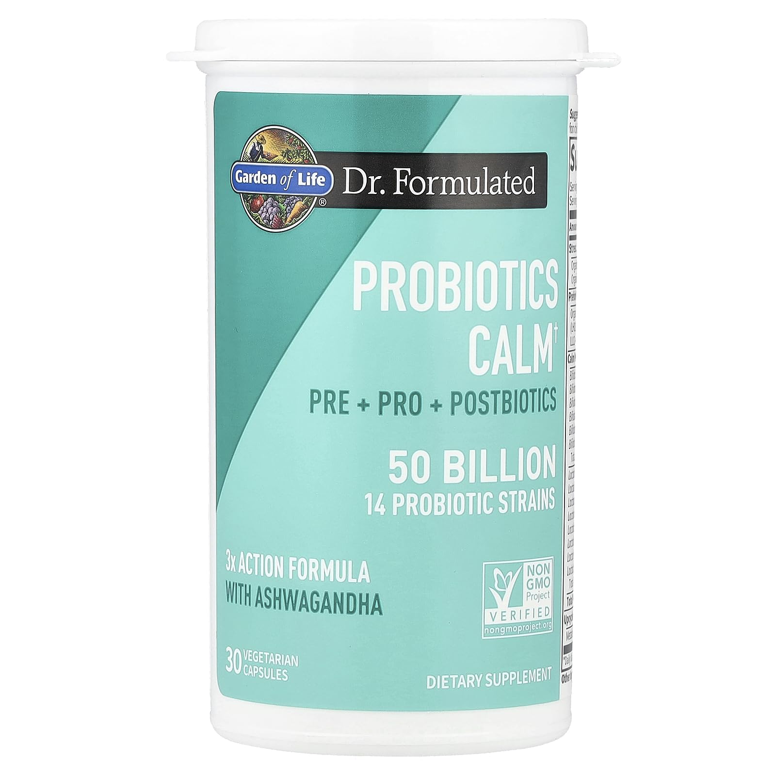 Garden of Life 14-strain probiotic graphic showing gut balance.