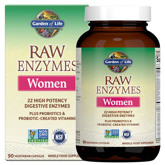 Garden of Life 22 Digestive Enzymes for Women bottle aids balanced digestion after meals.