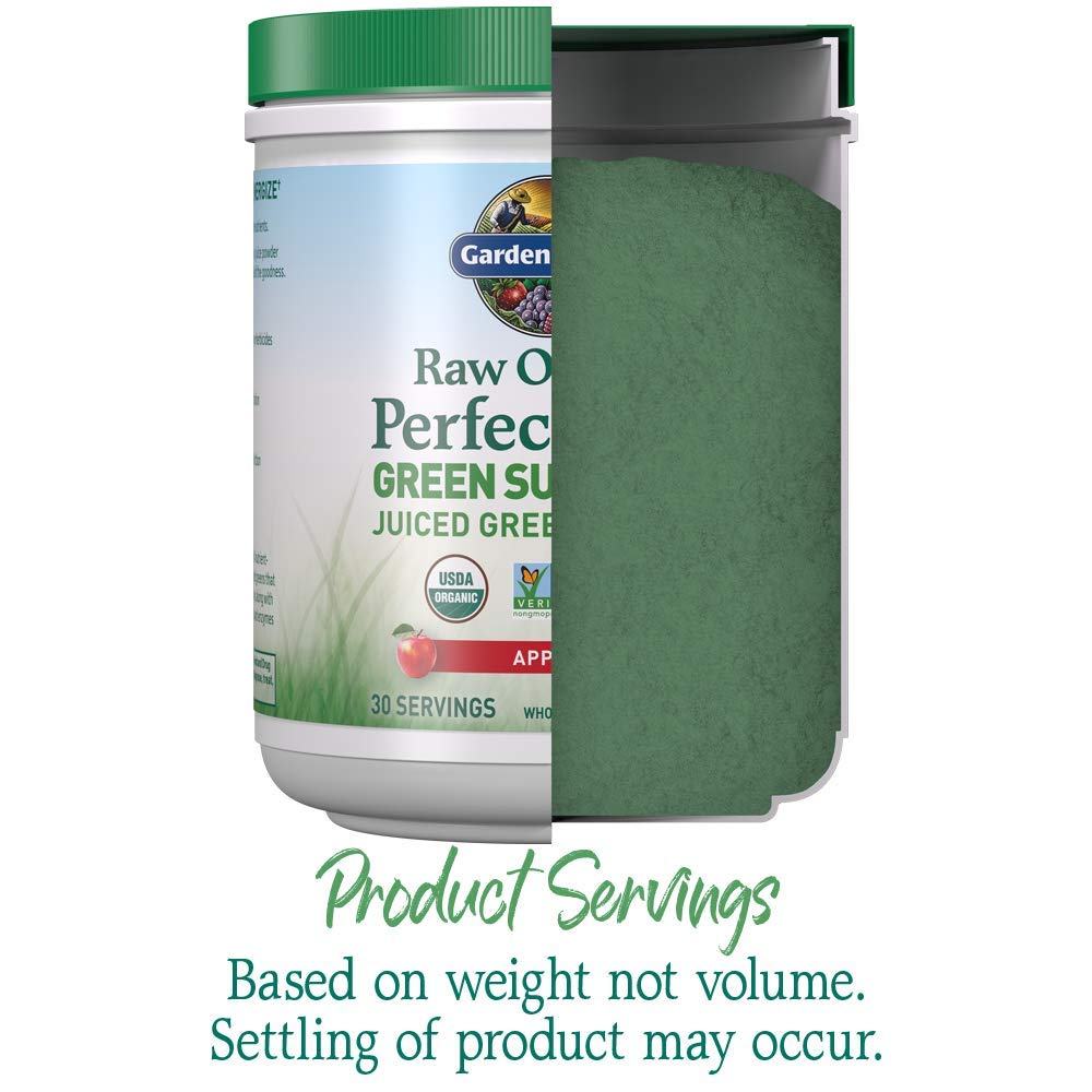 Garden of Life apple-flavored green powder in tub for smoothies