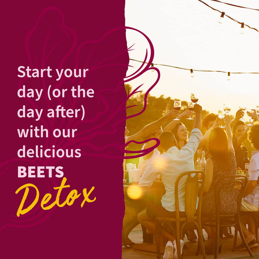 Garden of Life BEETS Detox scoop beside water for easy daily use