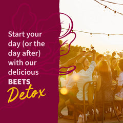 Garden of Life BEETS Detox scoop beside water for easy daily use