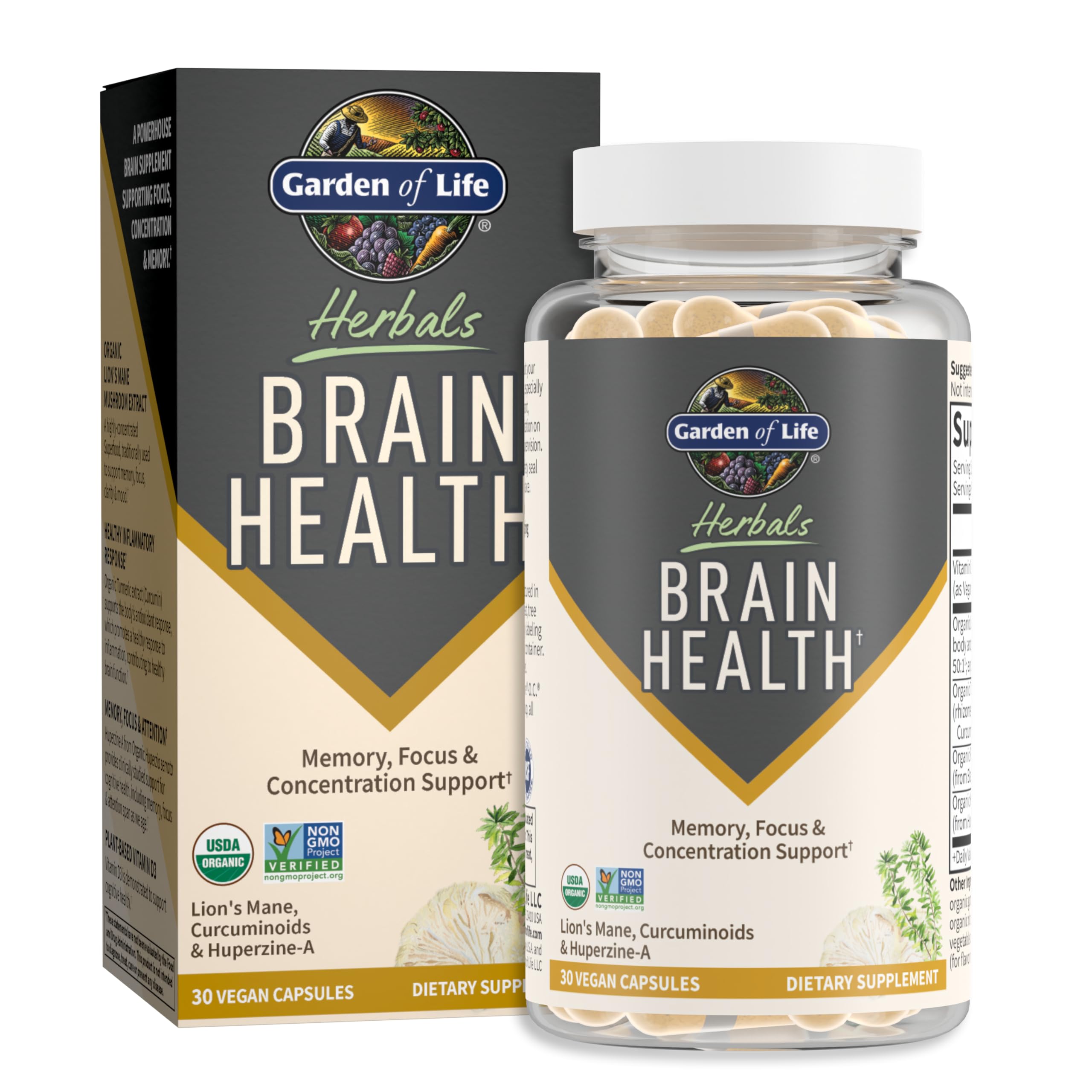 Garden of Life Brain Health bottle front with mint flavor for daily focus.