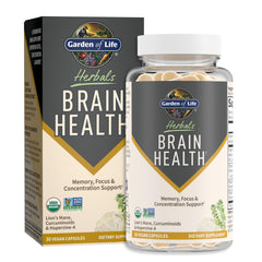 Garden of Life Brain Health bottle front with mint flavor for daily focus.