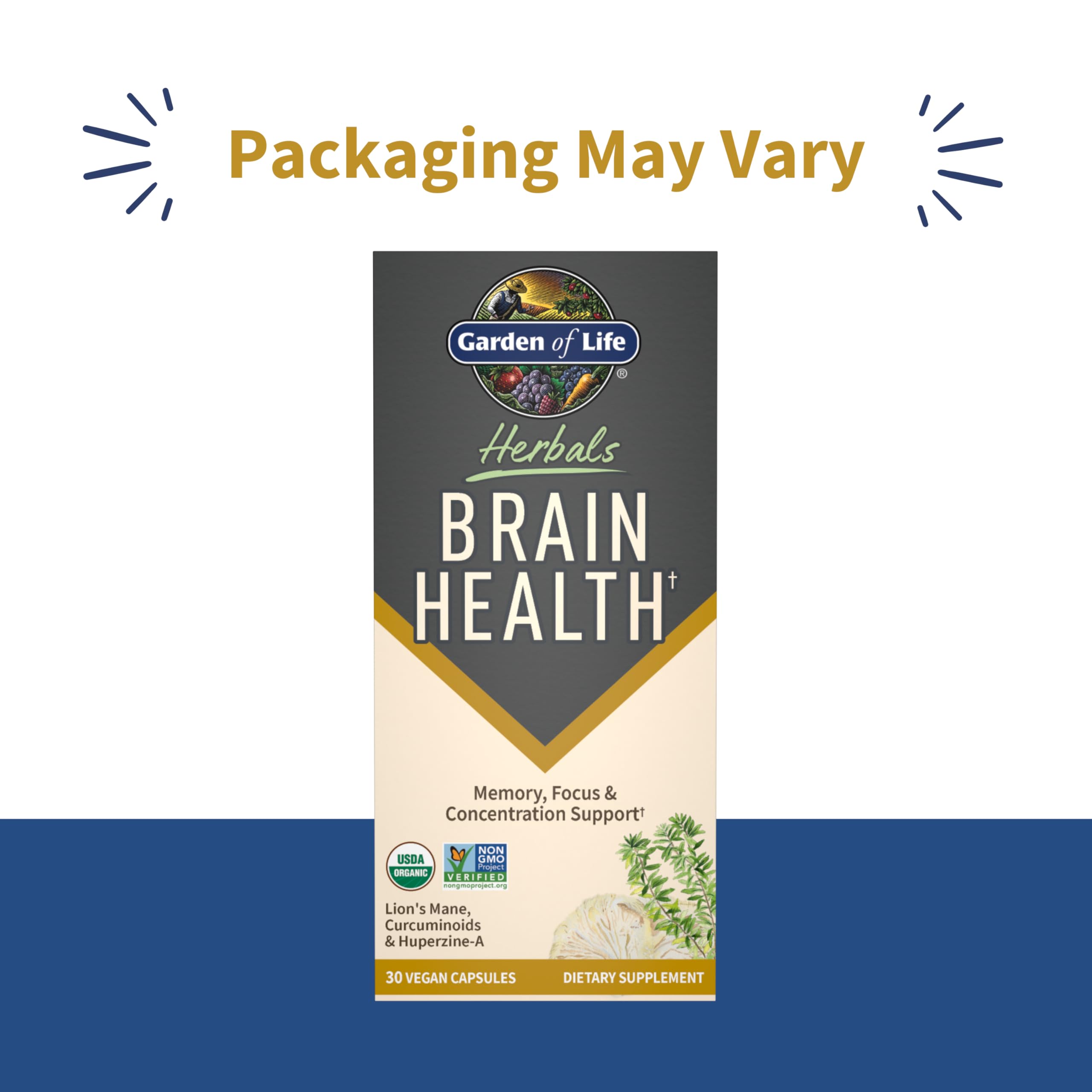 Garden of Life Brain Health capsules close-up highlighting vegan, non-GMO design.