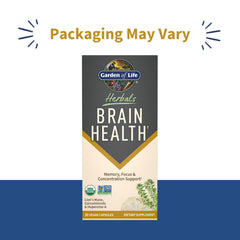 Garden of Life Brain Health capsules close-up highlighting vegan, non-GMO design.