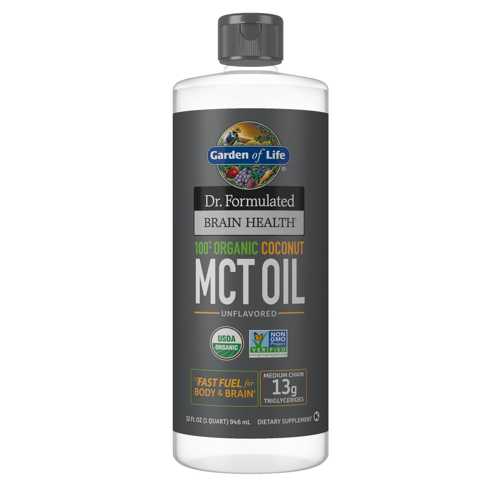 Garden of Life MCT oil bottle label shows organic coconut source for clean energy