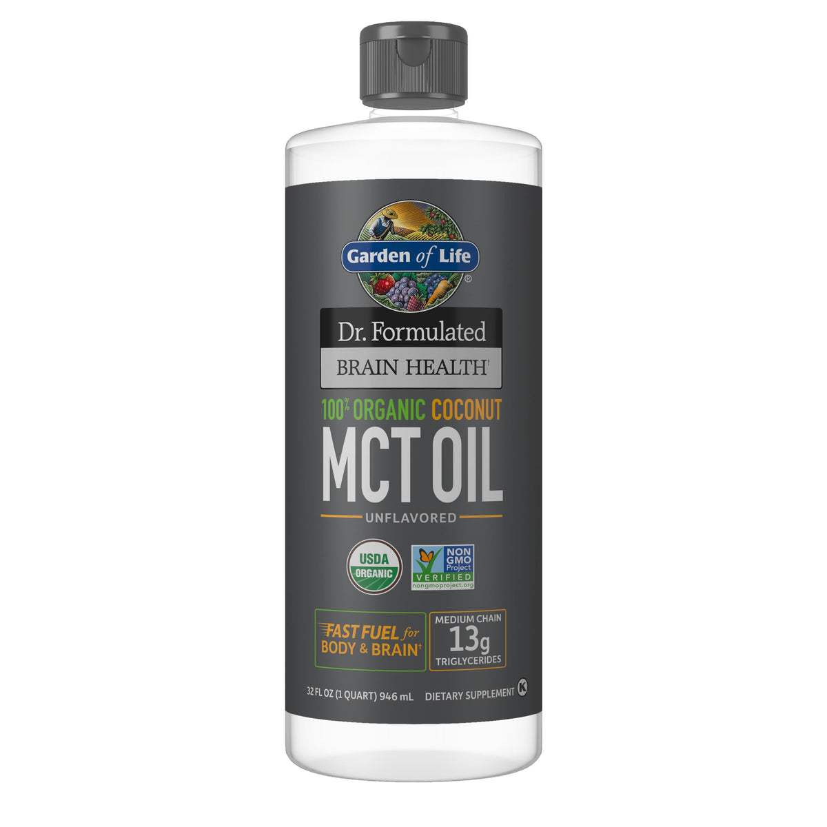 Garden of Life MCT oil bottle label shows organic coconut source for clean energy