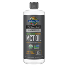 Garden of Life MCT oil bottle label shows organic coconut source for clean energy