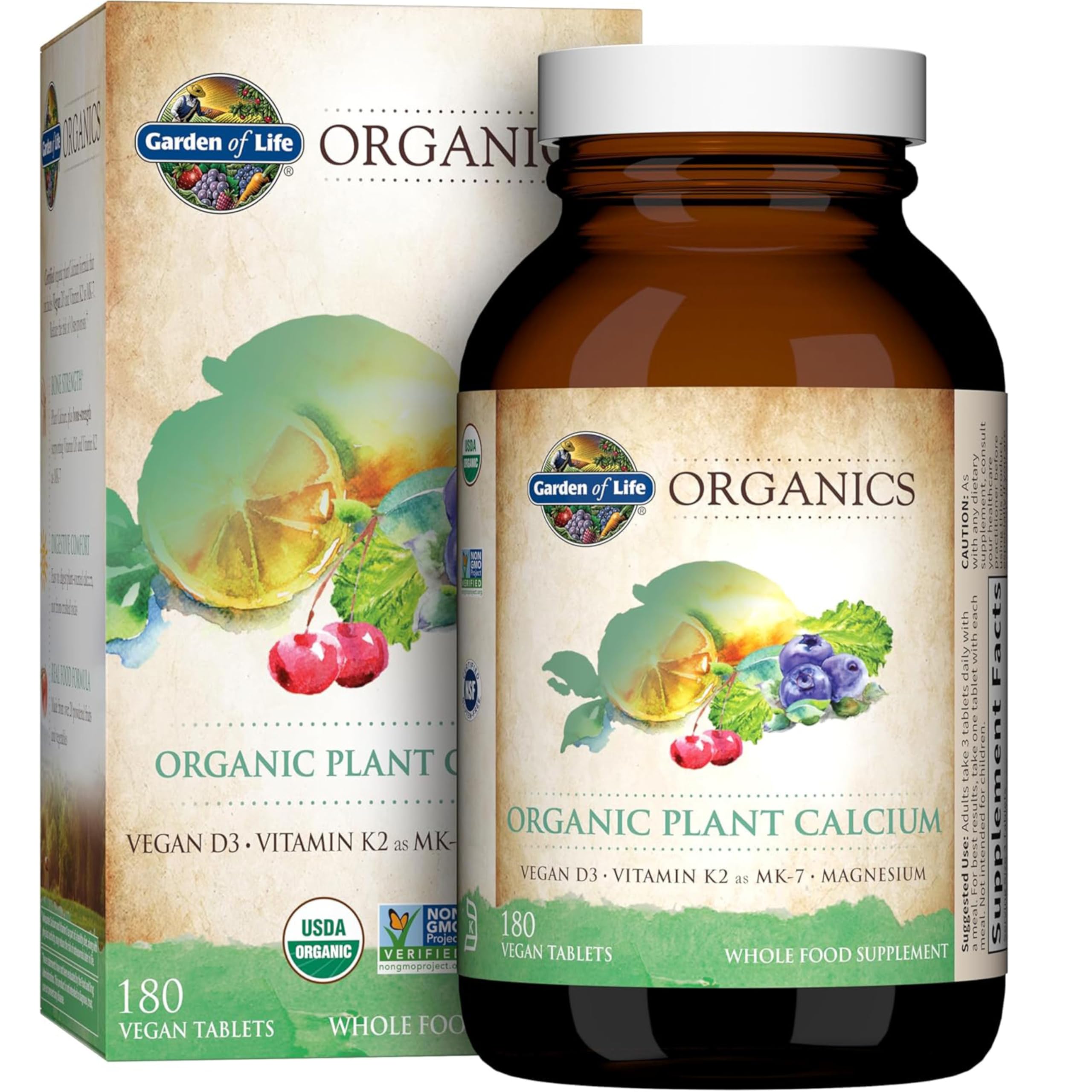 Garden of Life calcium with organic algae bottle highlights plant-based calcium source