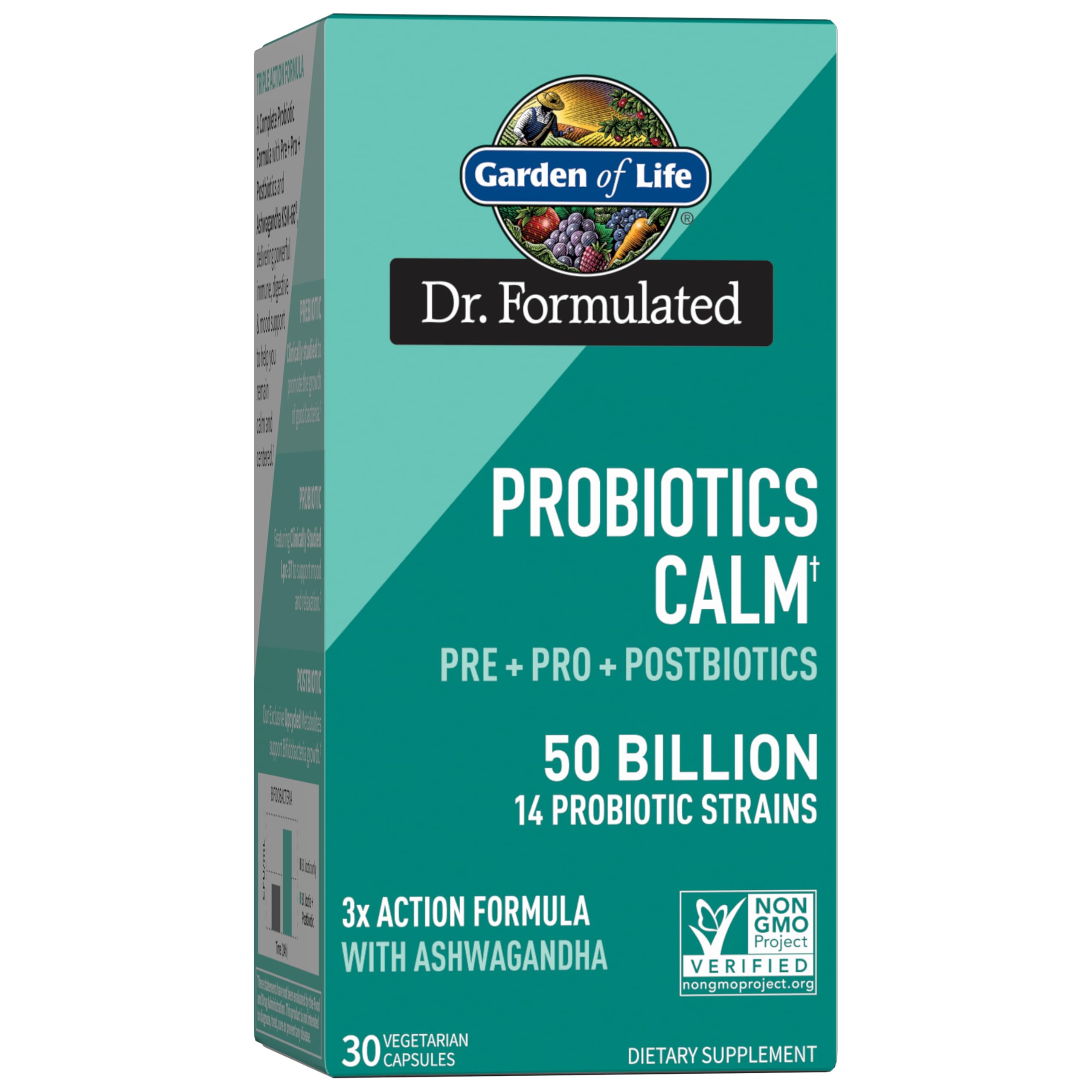 Garden of Life Calm probiotic bottle for daily mood support.
