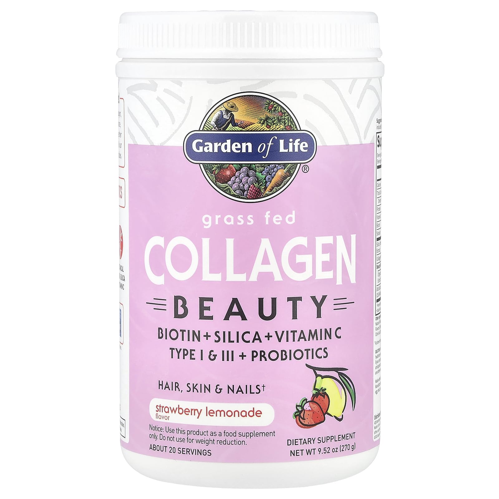 Garden of Life Collagen Beauty drink mix in glass with strawberry lemonade flavor.