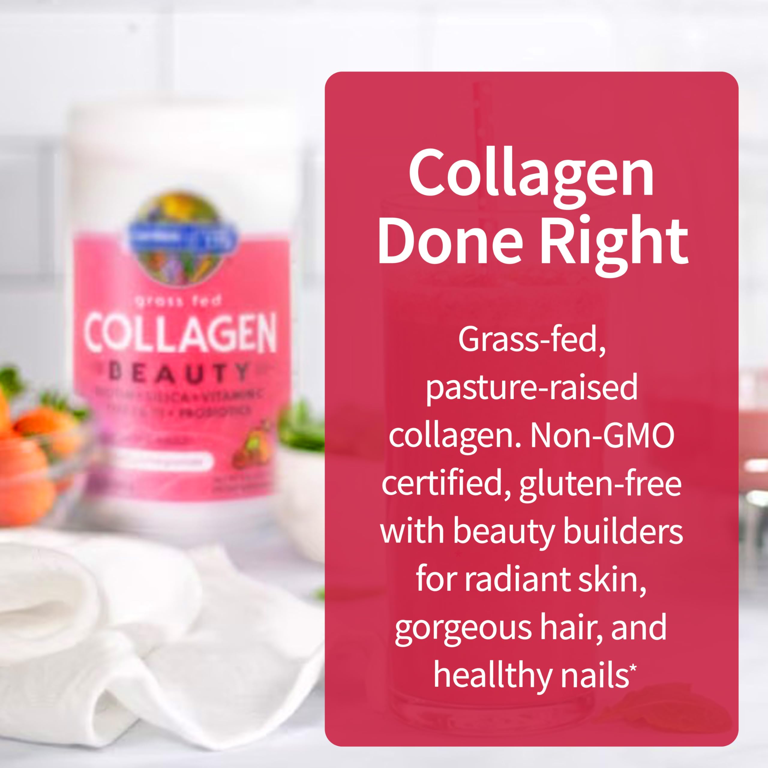 Garden of Life Collagen Beauty ingredients panel emphasizing vitamin C biotin silica