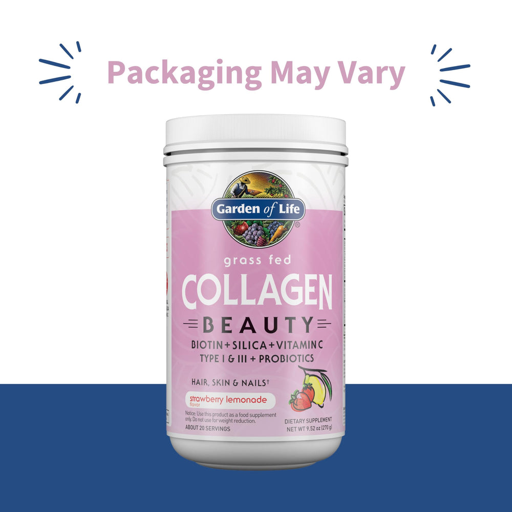 Garden of Life Collagen Beauty serving scoop beside label showing 11g peptides per serving.
