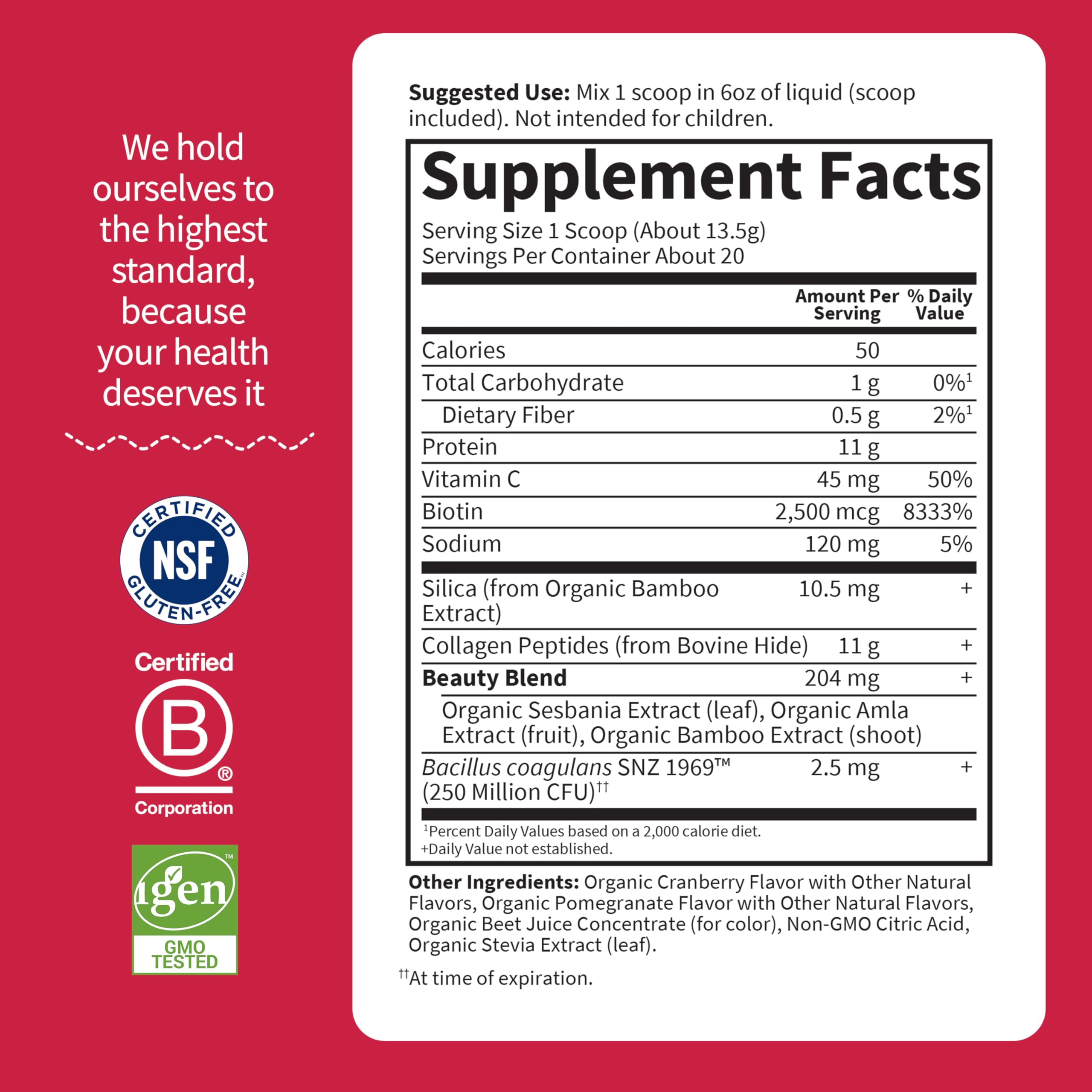 Garden of Life Collagen Beauty tub packaging showcasing NSF gluten-free badge