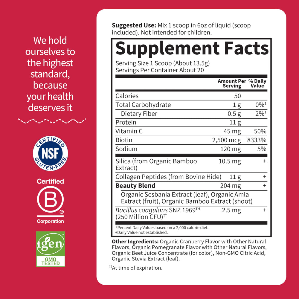 Garden of Life Collagen Beauty tub packaging showcasing NSF gluten-free badge