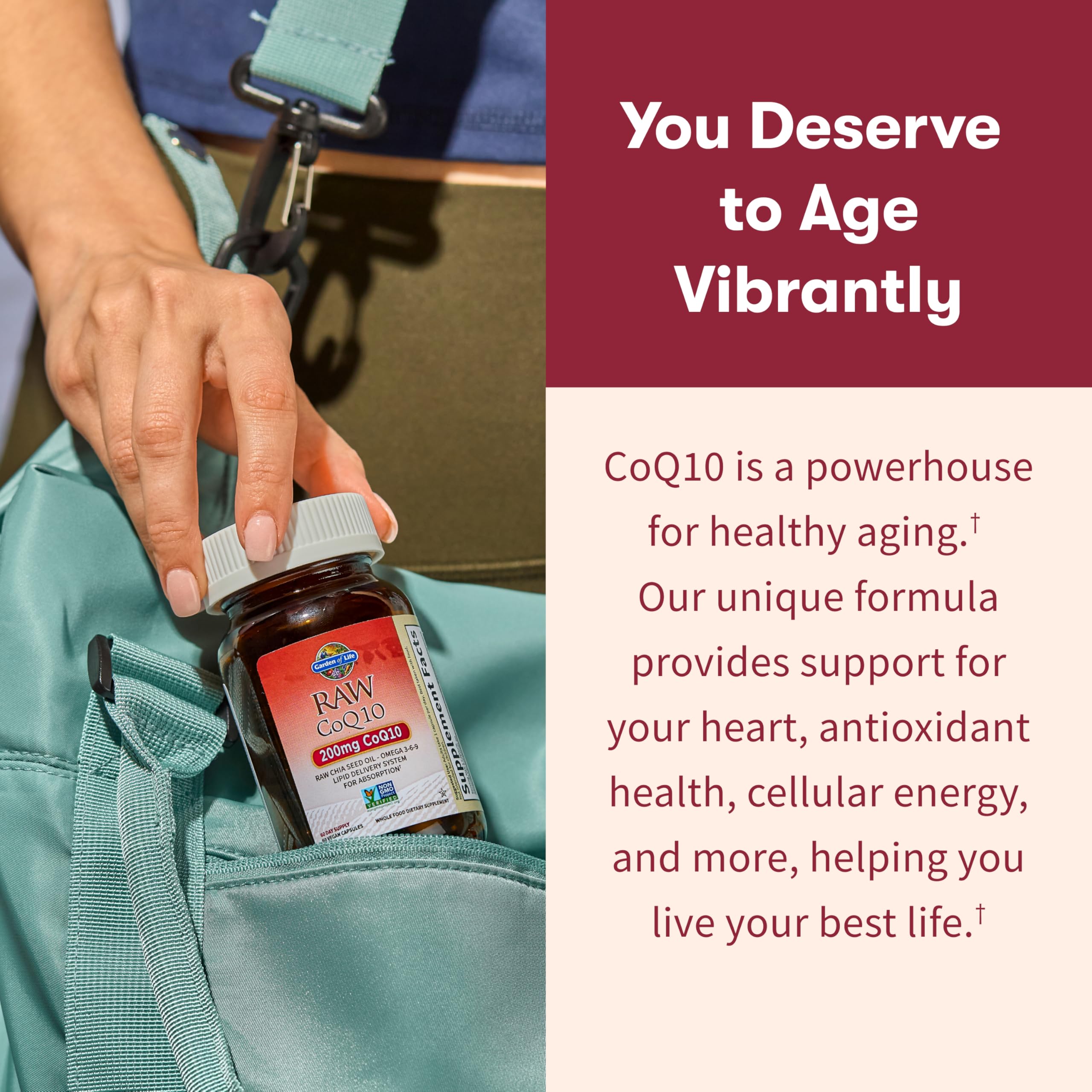 Garden of Life CoQ10 capsules held in hand