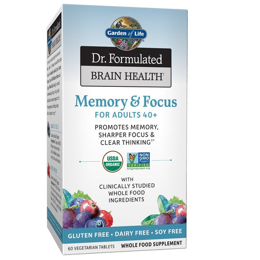 Garden of Life Dr. Formulated Brain Health bottle ready for daily cognitive support.