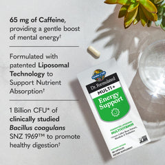 Garden of Life Dr Formulated Multi+ Energy capsules closeup for nutrient delivery.