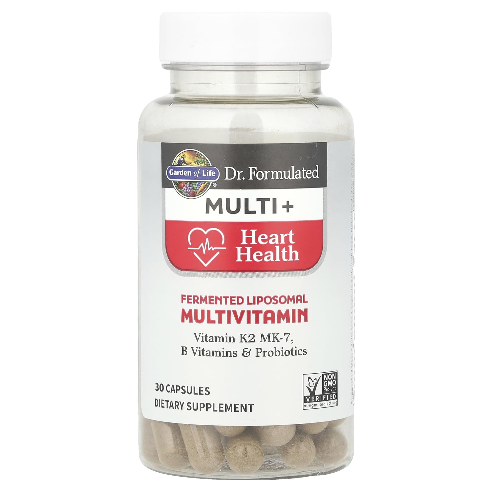 Garden of Life Dr. Formulated Multi+ Heart Health label close-up highlighting ingredients