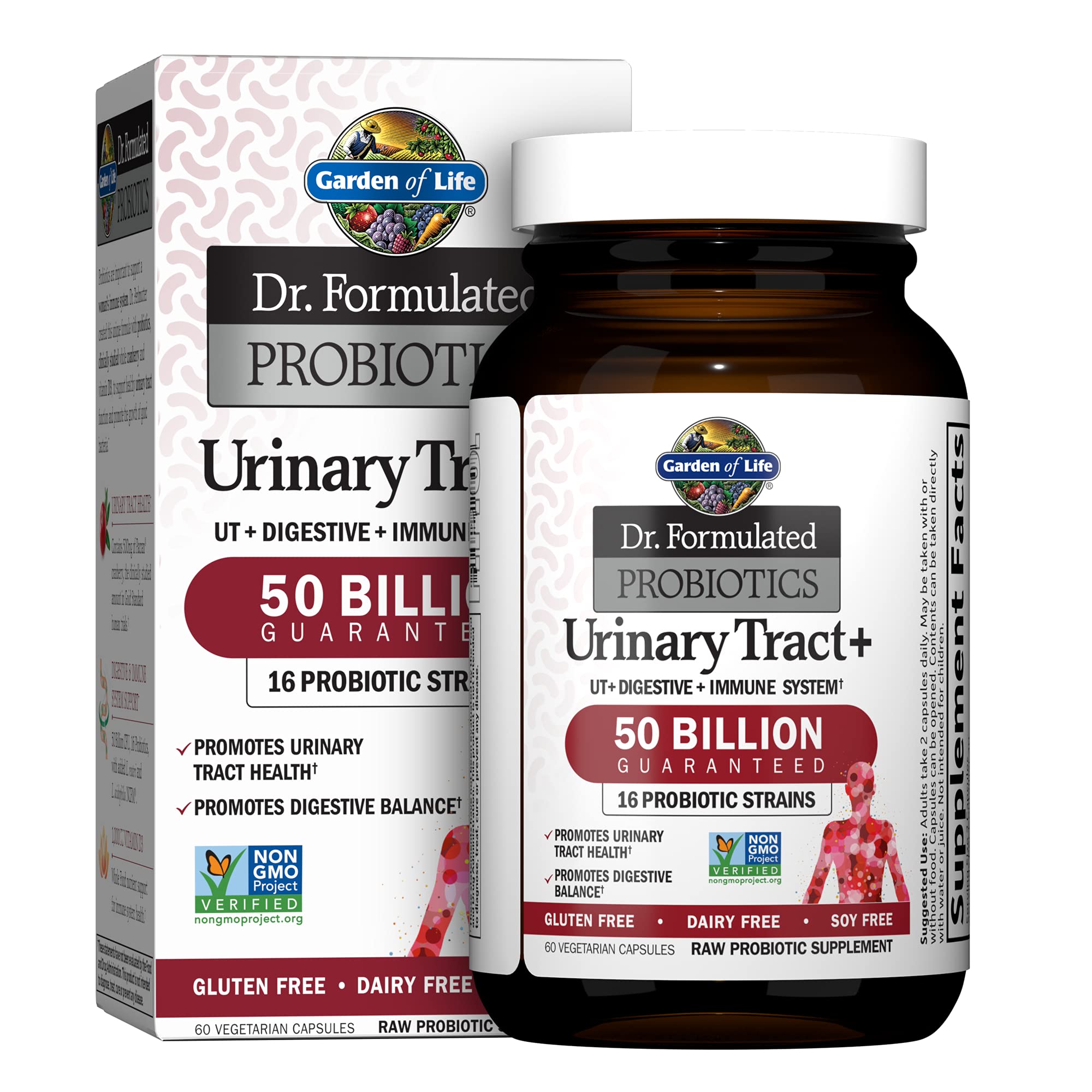 Garden of Life Urinary Tract+ bottle shows 50B CFU probiotics for daily balance