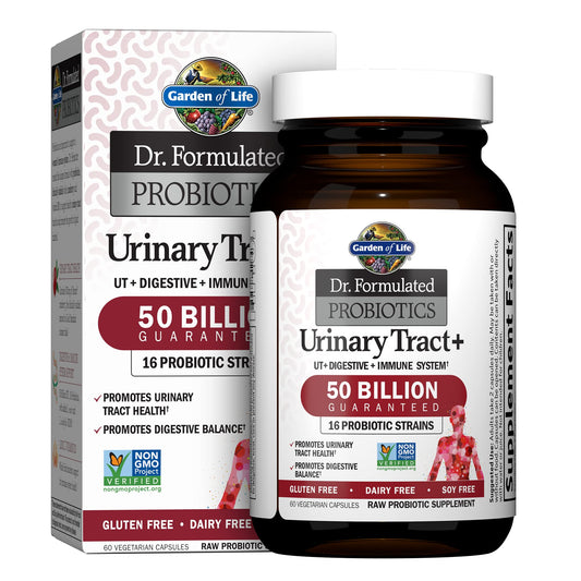 Garden of Life Urinary Tract+ bottle shows 50B CFU probiotics for daily balance
