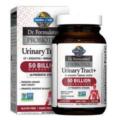 Garden of Life Urinary Tract+ bottle shows 50B CFU probiotics for daily balance