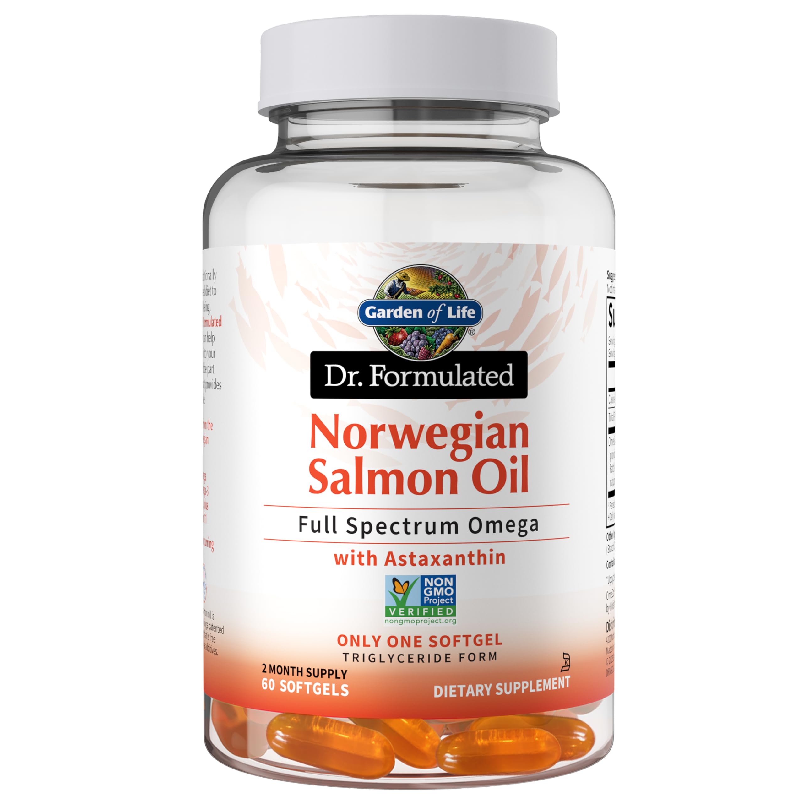 Garden of Life Dr. Formulated Salmon Oil softgels in bottle highlighting heart-friendly Omega-3 support