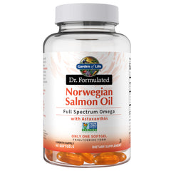 Garden of Life Dr. Formulated Salmon Oil softgels in bottle highlighting heart-friendly Omega-3 support