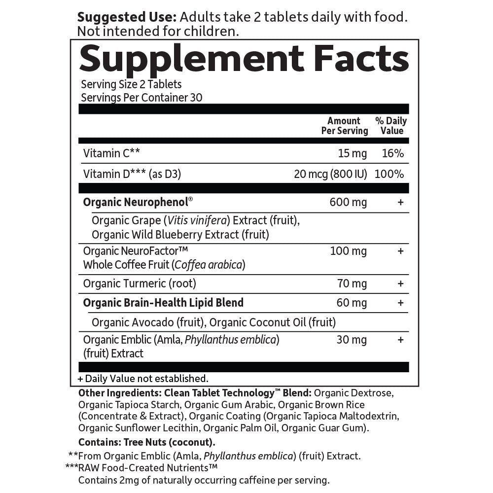Garden of Life Brain Health tablets close-up shows dosage and texture.