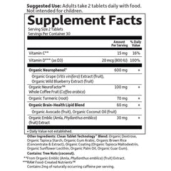 Garden of Life Brain Health tablets close-up shows dosage and texture.