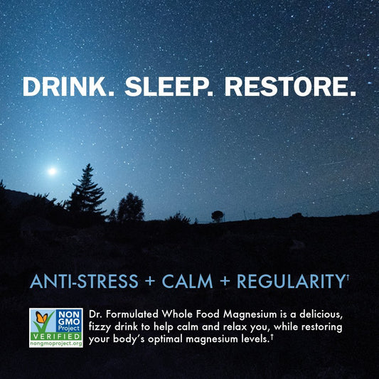 Garden of Life Dr Formulated magnesium fizz in glass for a soothing night ritual.