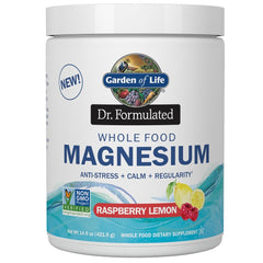 Garden of Life magnesium bottle promotes relaxation before bed.