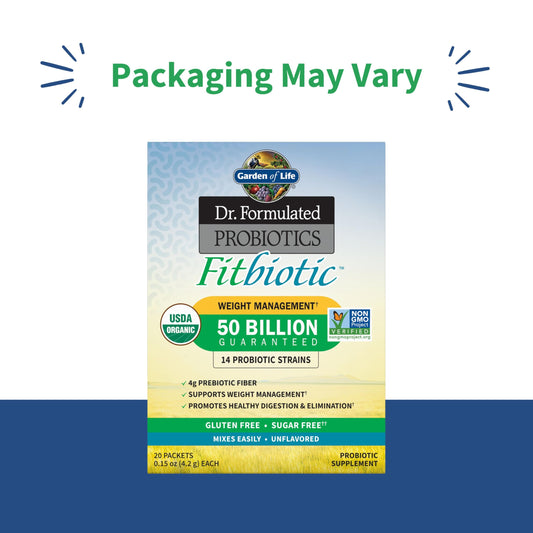 Garden of Life Fitbiotic packet back with usage directions and organic certification