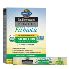 Garden of Life Fitbiotic weight management packet front displaying probiotic blend for gut health