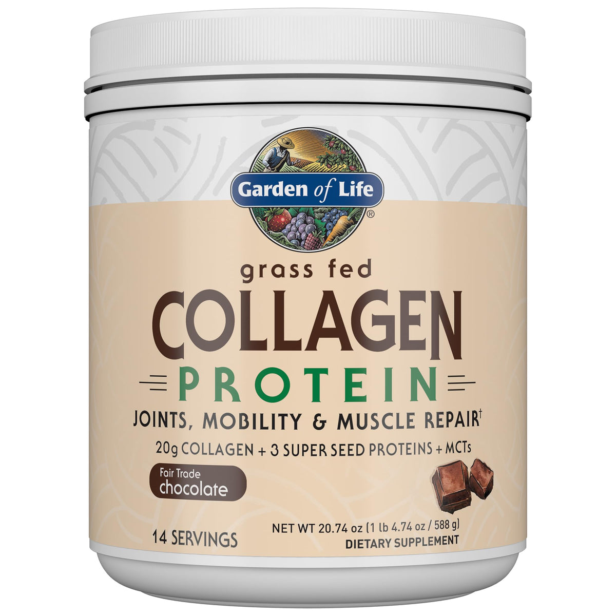 Garden of Life Grass Fed Collagen Chocolate bottle ready for daily joint mobility support.