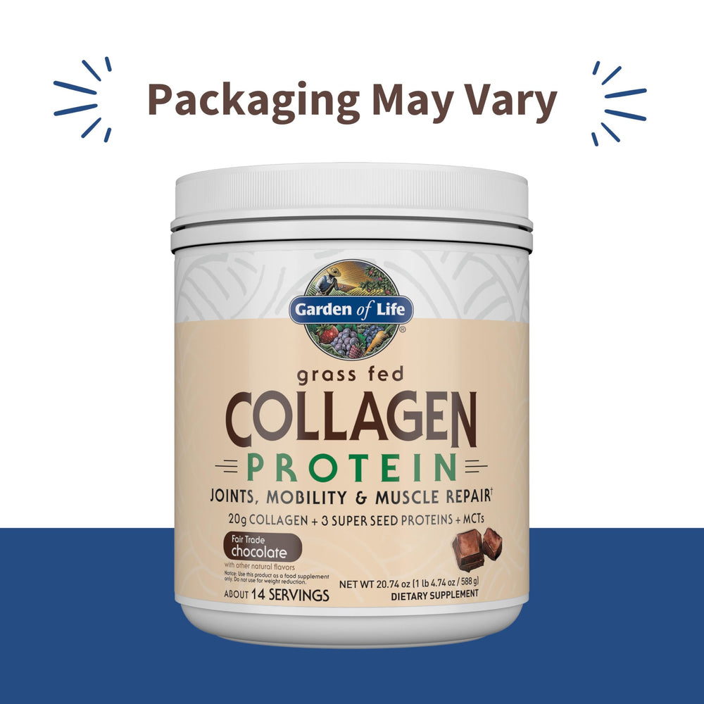 Pouring Garden of Life Grass Fed Collagen Chocolate into a glass for a quick shake.