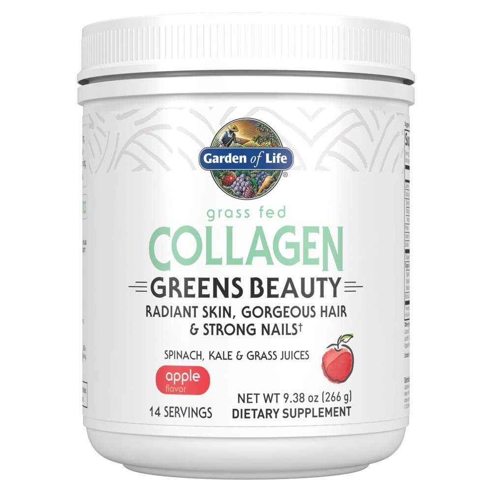 Garden of Life Grass Fed Collagen Greens Beauty bottle shows apple flavor and greens blend for daily beauty.