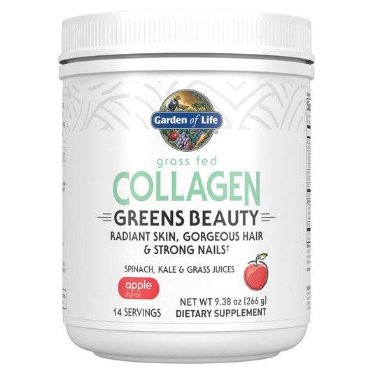 Garden of Life Grass Fed Collagen Greens Beauty bottle shows apple flavor and greens blend for daily beauty.