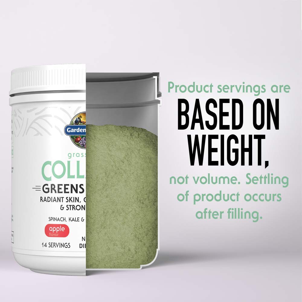 Garden of Life Grass Fed Collagen Greens label close-up highlights certifications.