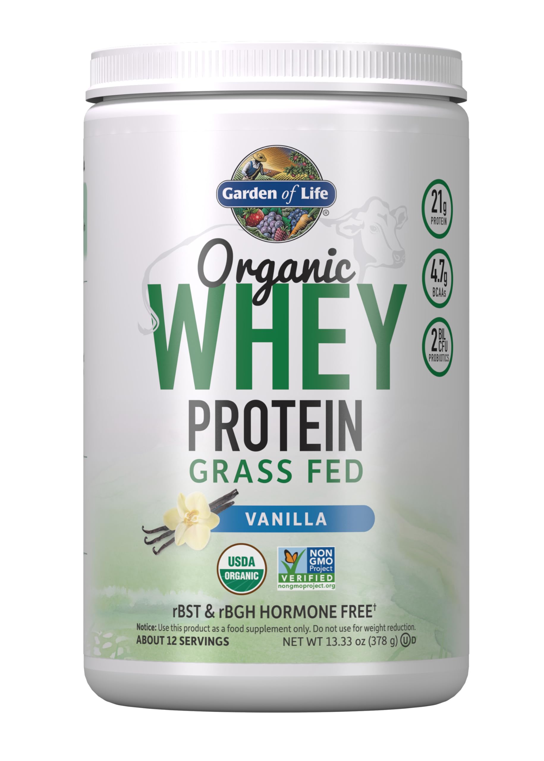 Garden of Life Grass Fed Whey Vanilla tub with label highlighting organic protein.
