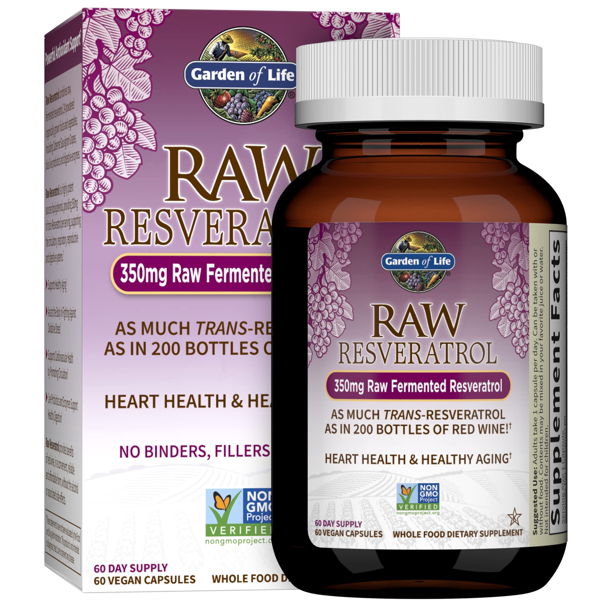 Garden of Life Heart Resveratrol bottle showing 60 vegan capsules for daily antioxidant support.