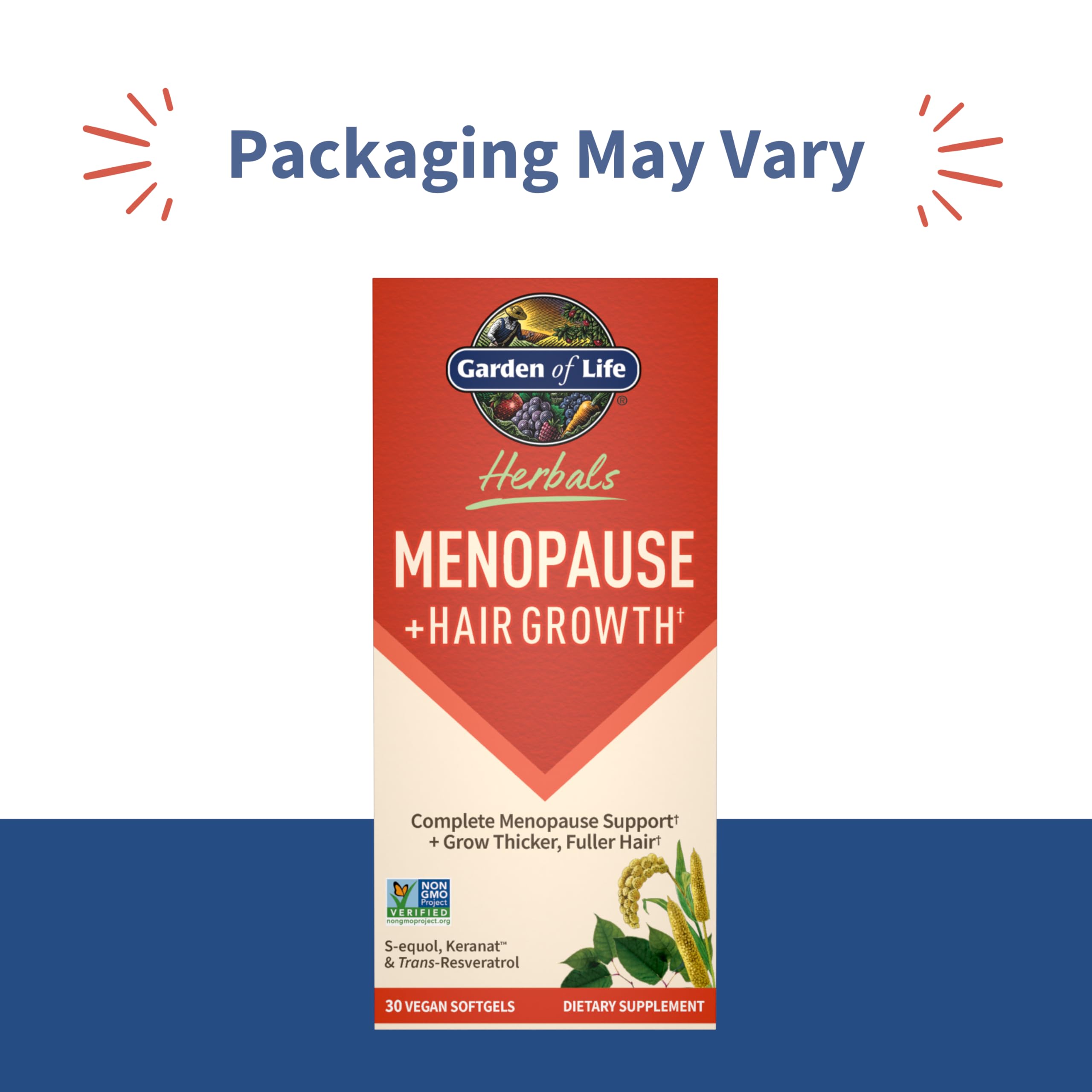 Garden of Life Herbals menopause softgel bottle label highlighting vegan and gluten-free claims