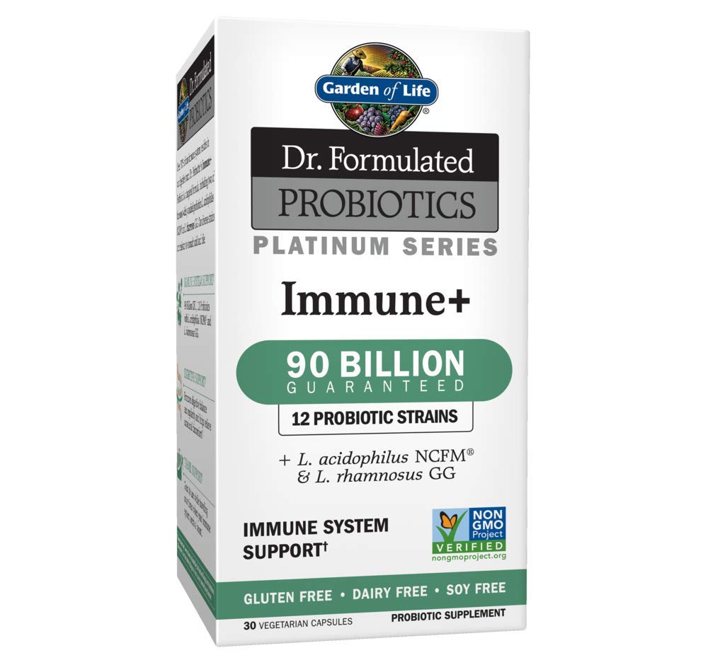Garden of Life Immune+ bottle front label showing 90B CFU for daily balance.