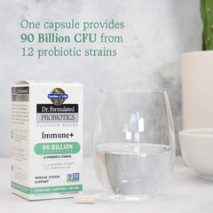 Garden of Life Immune+ label closeup featuring L. acidophilus NCFM and L. rhamnosus GG.